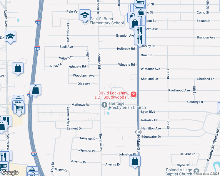 map of restaurants, bars, coffee shops, grocery stores, and more near 5751 Sheridan Road in Poland