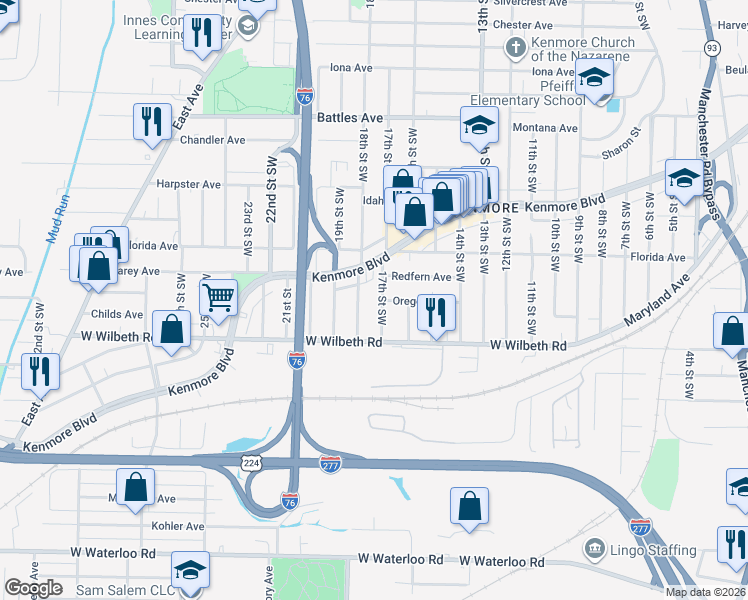 map of restaurants, bars, coffee shops, grocery stores, and more near 2343 18th Street Southwest in Akron