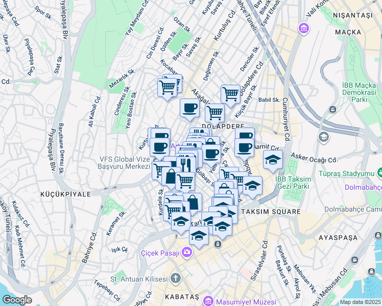 map of restaurants, bars, coffee shops, grocery stores, and more near 2 Can Eriği Sokak in Beyoğlu