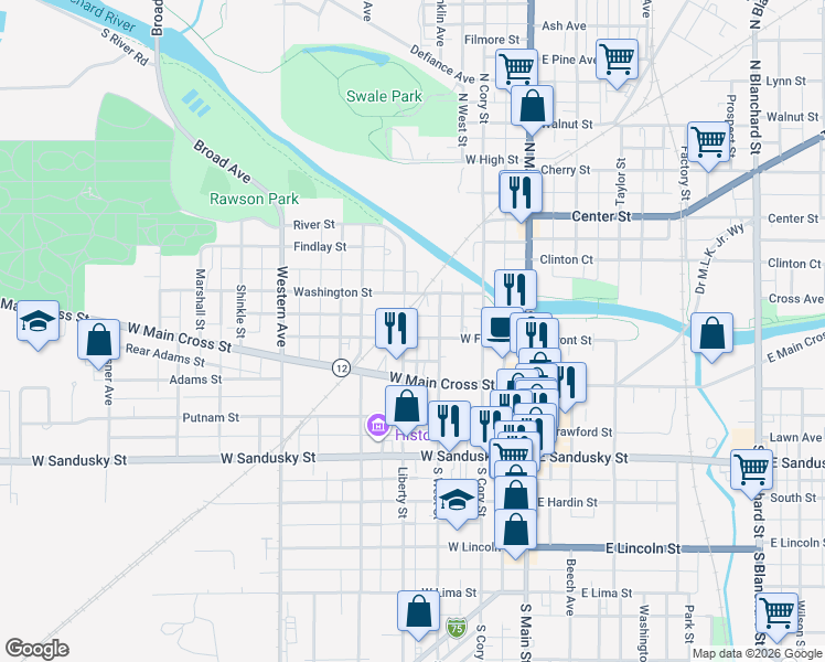 map of restaurants, bars, coffee shops, grocery stores, and more near 318 West Front Street in Findlay
