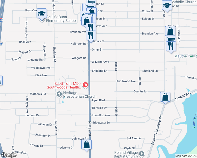 map of restaurants, bars, coffee shops, grocery stores, and more near 2031 Knollwood Avenue in Youngstown