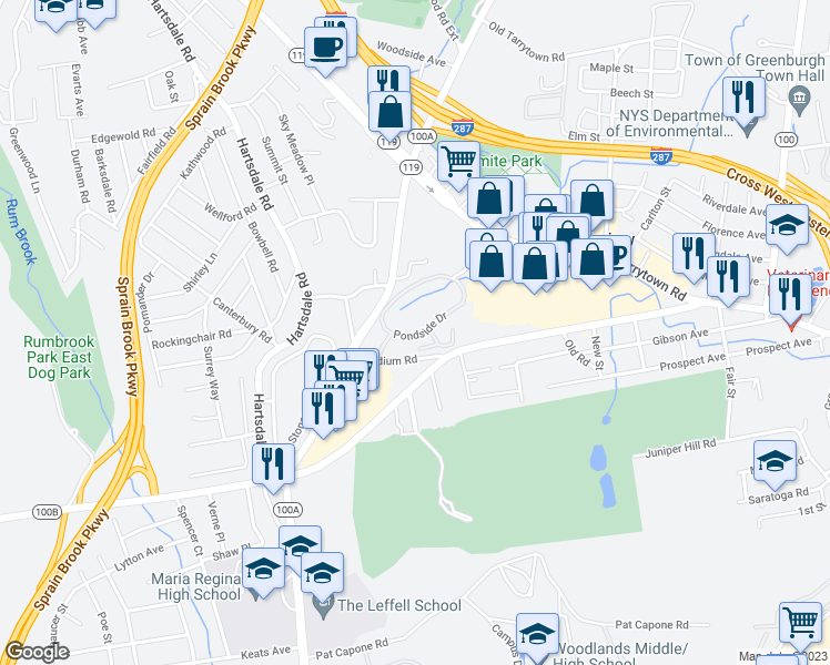map of restaurants, bars, coffee shops, grocery stores, and more near 1306 Pondcrest Lane in White Plains