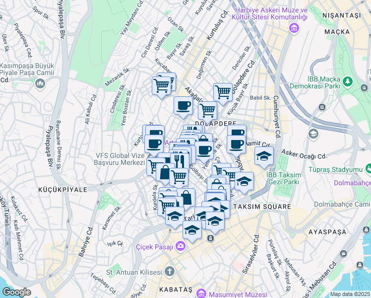 map of restaurants, bars, coffee shops, grocery stores, and more near 2 Can Eriği Sokak in Beyoğlu