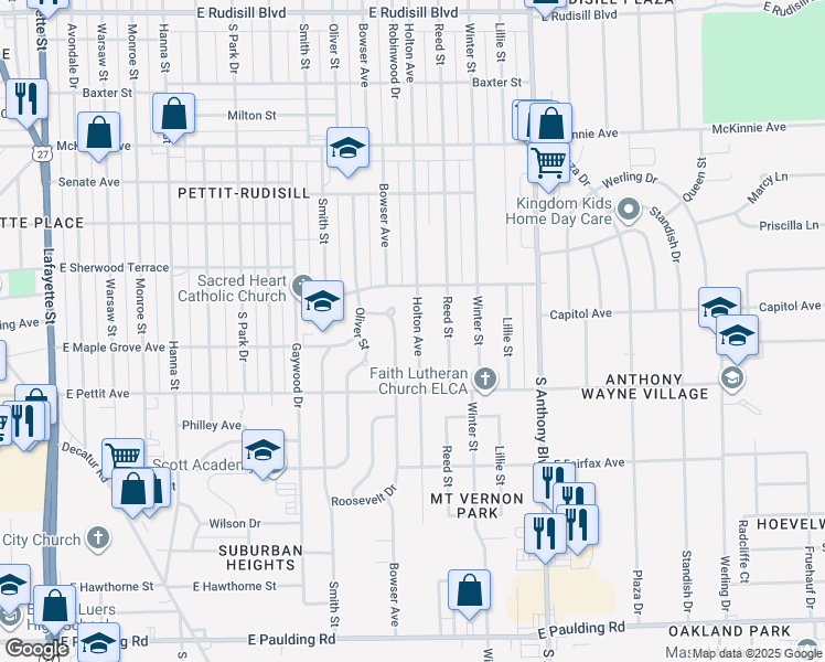 map of restaurants, bars, coffee shops, grocery stores, and more near 4746 Holton Avenue in Fort Wayne