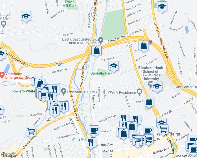 map of restaurants, bars, coffee shops, grocery stores, and more near 75 Fairview Avenue in White Plains