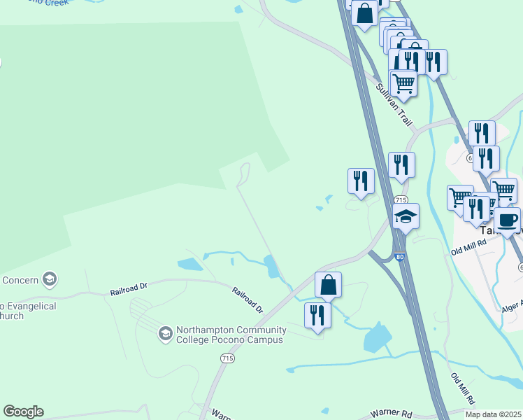 map of restaurants, bars, coffee shops, grocery stores, and more near 190 Ann Lane in Tannersville