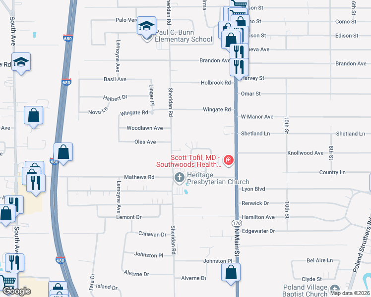 map of restaurants, bars, coffee shops, grocery stores, and more near 5701 Sheridan Road in Youngstown