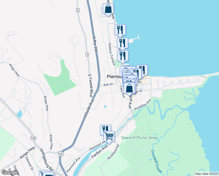 map of restaurants, bars, coffee shops, grocery stores, and more near 11 Piermont Place in Piermont