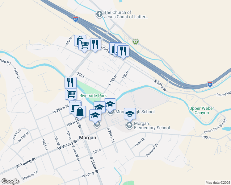 map of restaurants, bars, coffee shops, grocery stores, and more near 278 East 125 North in Morgan