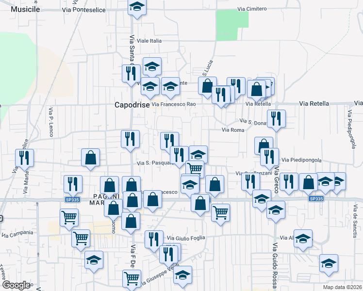 map of restaurants, bars, coffee shops, grocery stores, and more near 7 Via Padre Colombano in Capodrise