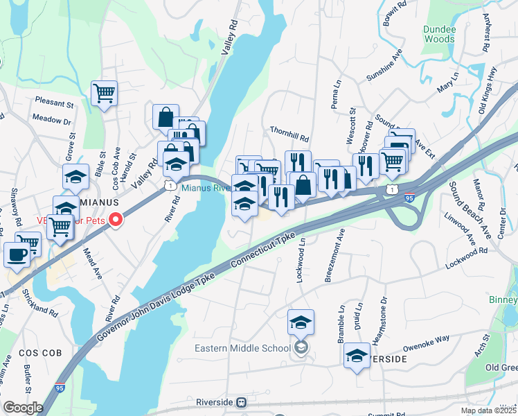 map of restaurants, bars, coffee shops, grocery stores, and more near 13 Riverside Lane in Greenwich