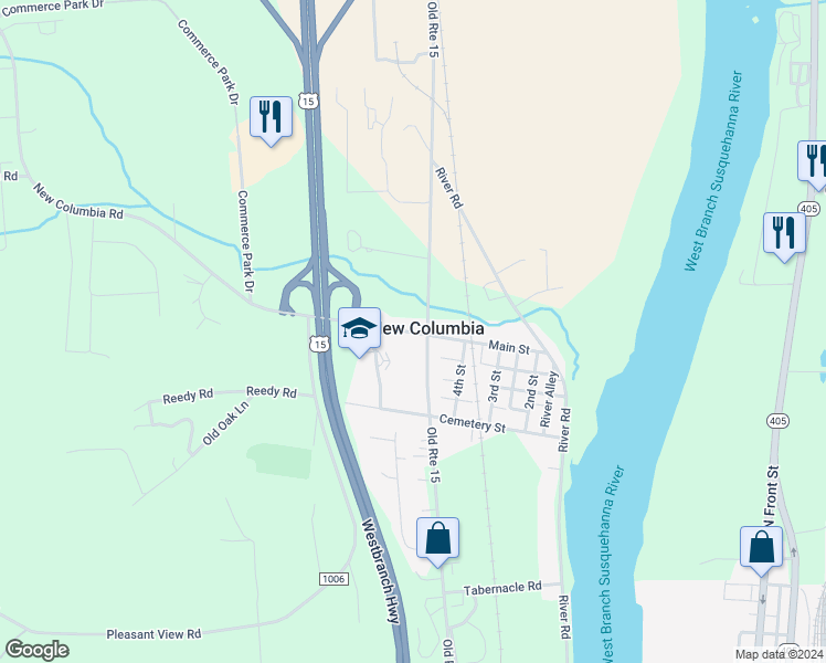 map of restaurants, bars, coffee shops, grocery stores, and more near in New Columbia