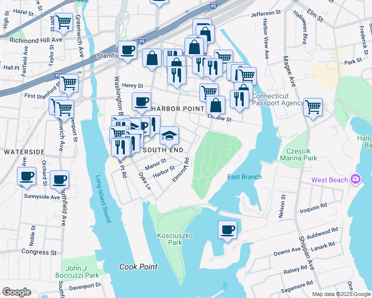 map of restaurants, bars, coffee shops, grocery stores, and more near 18 East Walnut Street in Stamford