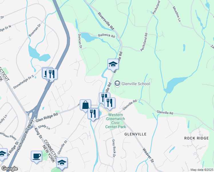 map of restaurants, bars, coffee shops, grocery stores, and more near 36 Riversville Road in Greenwich