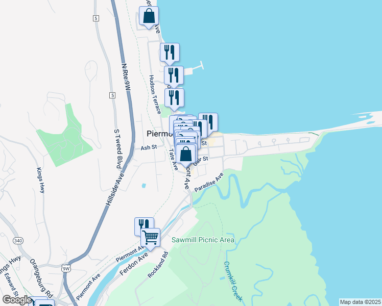 map of restaurants, bars, coffee shops, grocery stores, and more near 301 Ash Street in Piermont