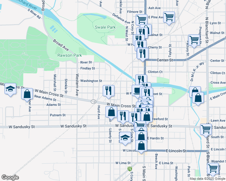 map of restaurants, bars, coffee shops, grocery stores, and more near 118 Liberty Street in Findlay