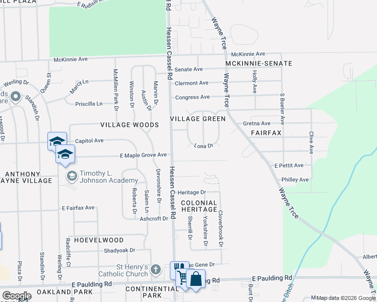 map of restaurants, bars, coffee shops, grocery stores, and more near 4724 Wellington Drive in Fort Wayne