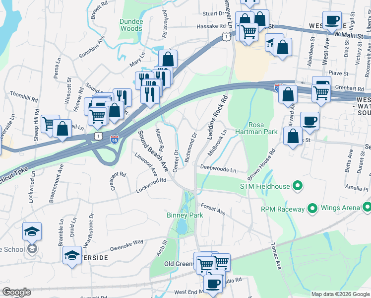 map of restaurants, bars, coffee shops, grocery stores, and more near 33 Center Drive in Greenwich