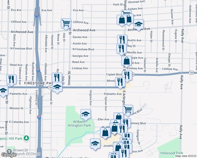 map of restaurants, bars, coffee shops, grocery stores, and more near 889 Triplett Boulevard in Akron