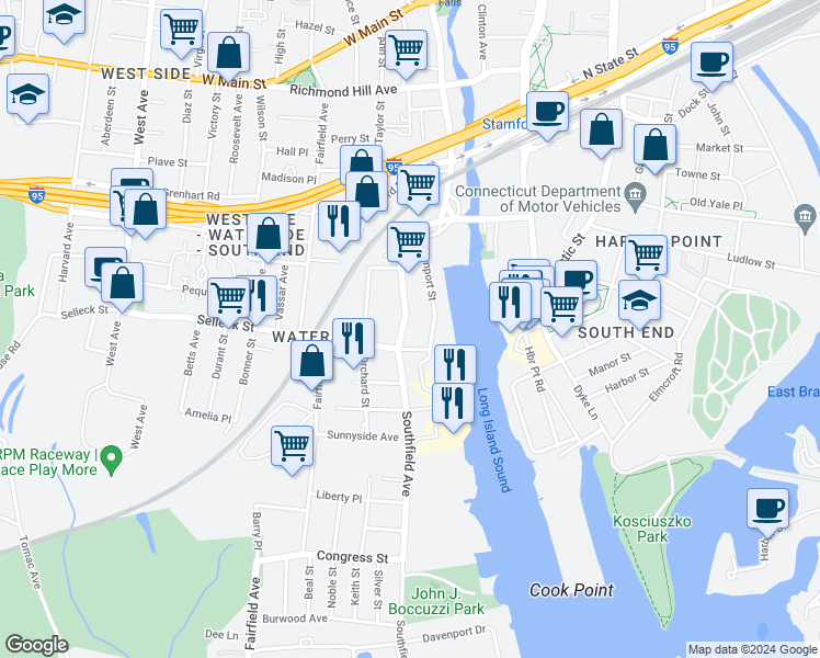 map of restaurants, bars, coffee shops, grocery stores, and more near 312 Greenwich Avenue in Stamford