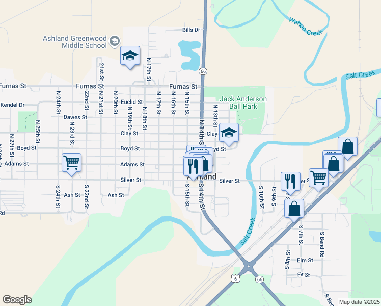 map of restaurants, bars, coffee shops, grocery stores, and more near 207 North 15th Street in Ashland
