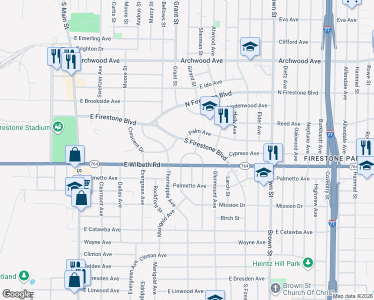 map of restaurants, bars, coffee shops, grocery stores, and more near 272 South Firestone Boulevard in Akron