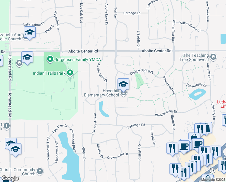 map of restaurants, bars, coffee shops, grocery stores, and more near 4611 Weatherside Run in Fort Wayne
