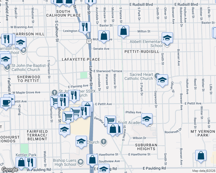 map of restaurants, bars, coffee shops, grocery stores, and more near 4641 Warsaw Street in Fort Wayne