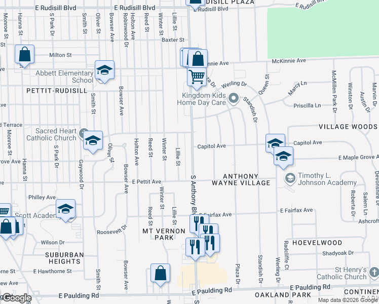 map of restaurants, bars, coffee shops, grocery stores, and more near 4734 South Anthony Boulevard in Fort Wayne
