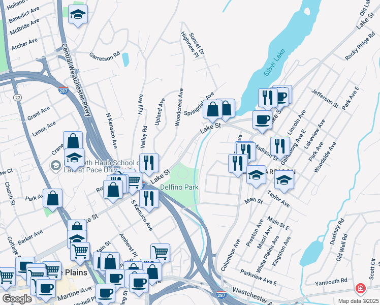 map of restaurants, bars, coffee shops, grocery stores, and more near 140 Lake Street in White Plains