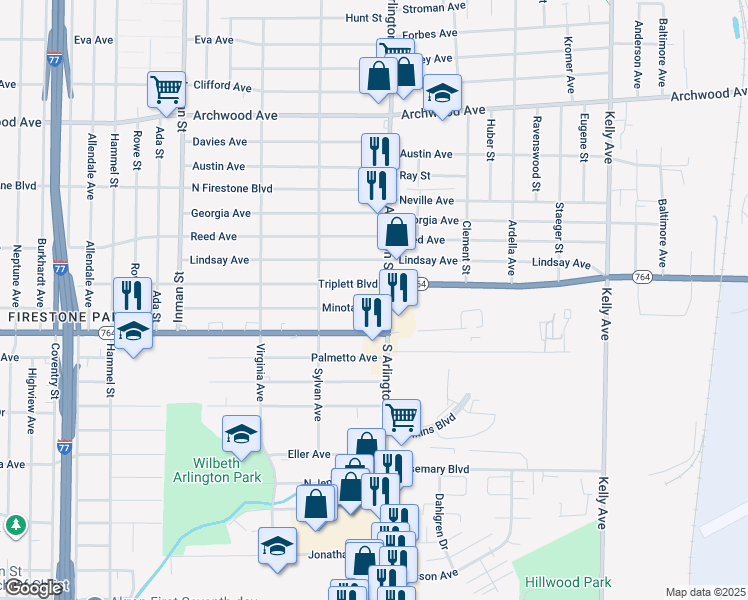 map of restaurants, bars, coffee shops, grocery stores, and more near 969 Triplett Boulevard in Akron