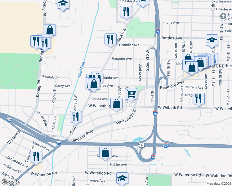 map of restaurants, bars, coffee shops, grocery stores, and more near 1232 Carey Avenue in Akron