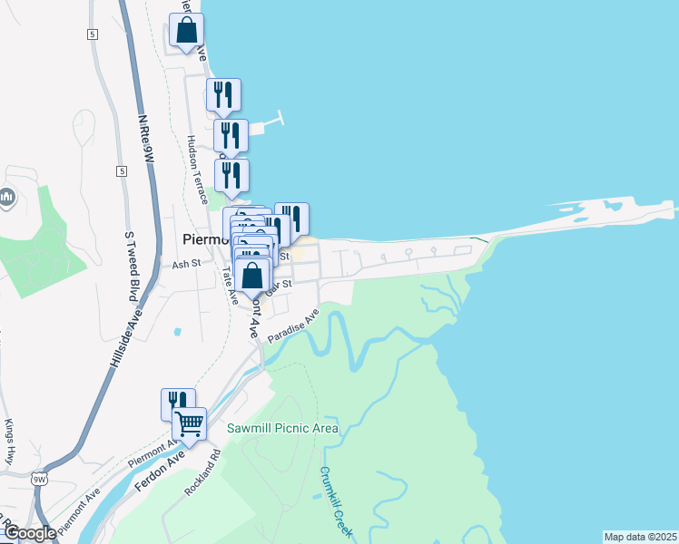 map of restaurants, bars, coffee shops, grocery stores, and more near 52 Gair Street in Piermont