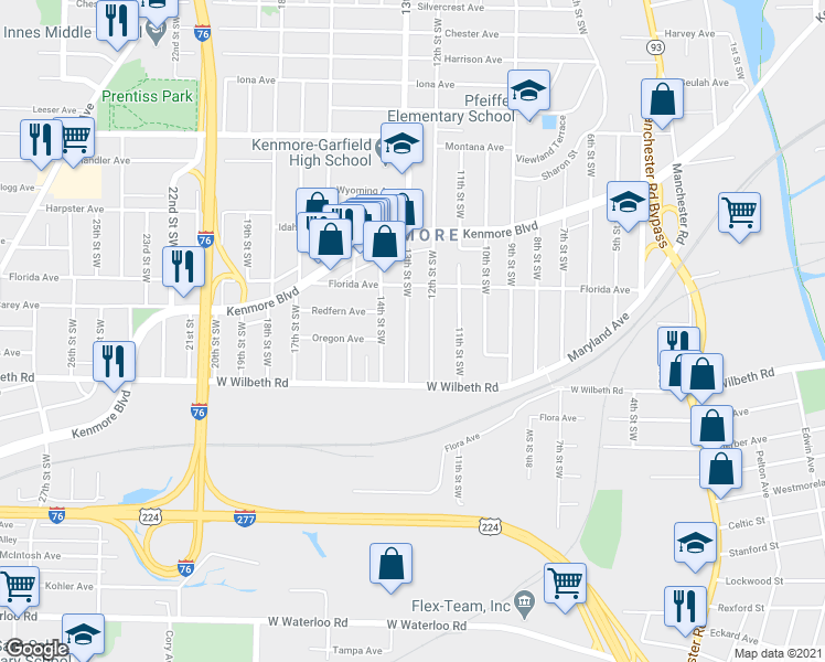 map of restaurants, bars, coffee shops, grocery stores, and more near 2301 13th Street Southwest in Akron