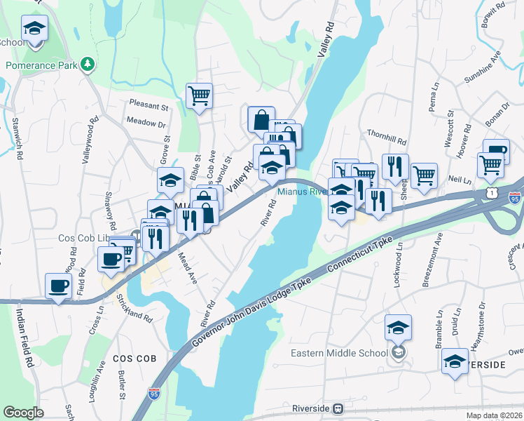 map of restaurants, bars, coffee shops, grocery stores, and more near 535 East Putnam Avenue in Greenwich