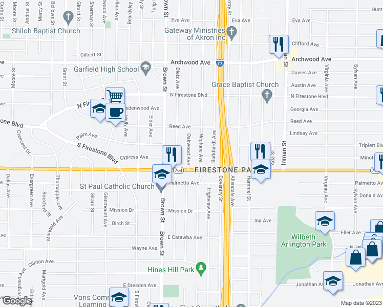 map of restaurants, bars, coffee shops, grocery stores, and more near 1473 Oakwood Avenue in Akron