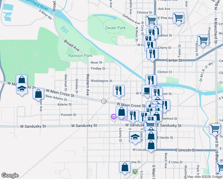 map of restaurants, bars, coffee shops, grocery stores, and more near 431 Washington Street in Findlay