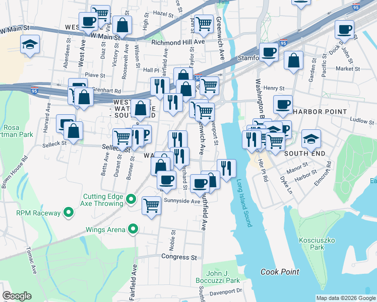 map of restaurants, bars, coffee shops, grocery stores, and more near 35 Orchard Street in Stamford