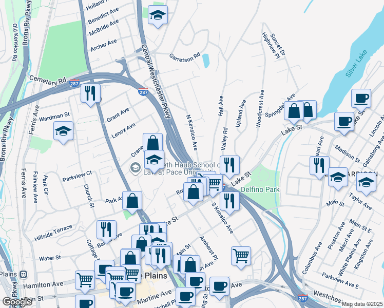 map of restaurants, bars, coffee shops, grocery stores, and more near 99 North Kensico Avenue in White Plains