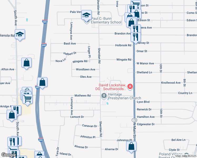 map of restaurants, bars, coffee shops, grocery stores, and more near 1890 Oles Avenue in Youngstown