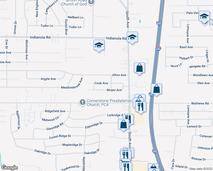 map of restaurants, bars, coffee shops, grocery stores, and more near 862 Cook Avenue in Youngstown