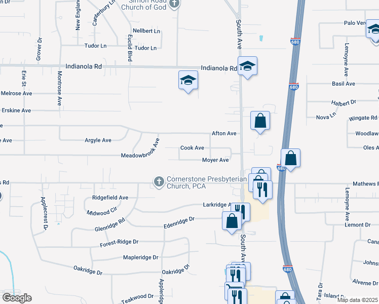 map of restaurants, bars, coffee shops, grocery stores, and more near 862 Cook Avenue in Youngstown