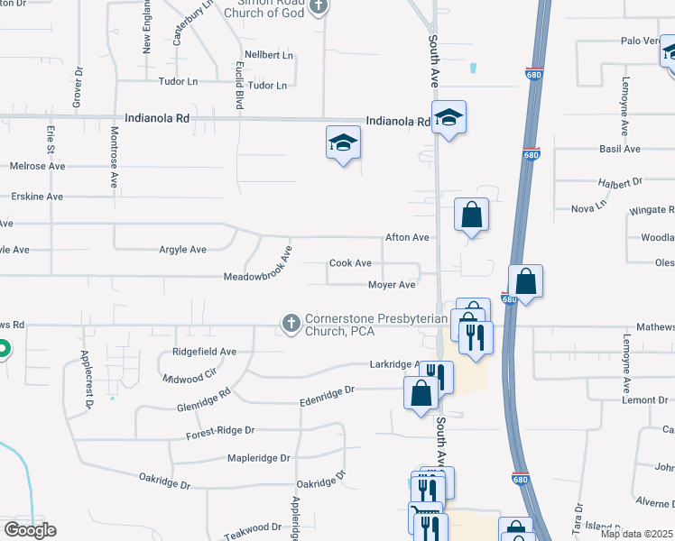 map of restaurants, bars, coffee shops, grocery stores, and more near 800 Cook Avenue in Youngstown