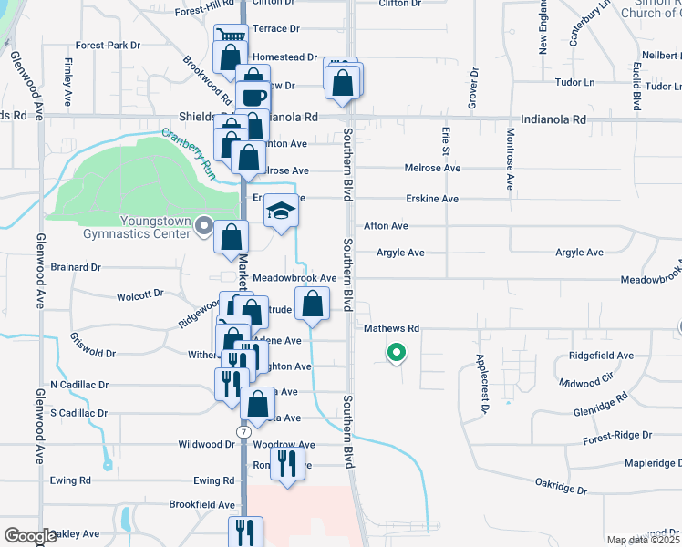 map of restaurants, bars, coffee shops, grocery stores, and more near 5602 Southern Boulevard in Youngstown