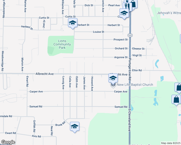 map of restaurants, bars, coffee shops, grocery stores, and more near 346 Howard Avenue in Akron