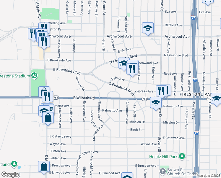 map of restaurants, bars, coffee shops, grocery stores, and more near 272 South Firestone Boulevard in Akron