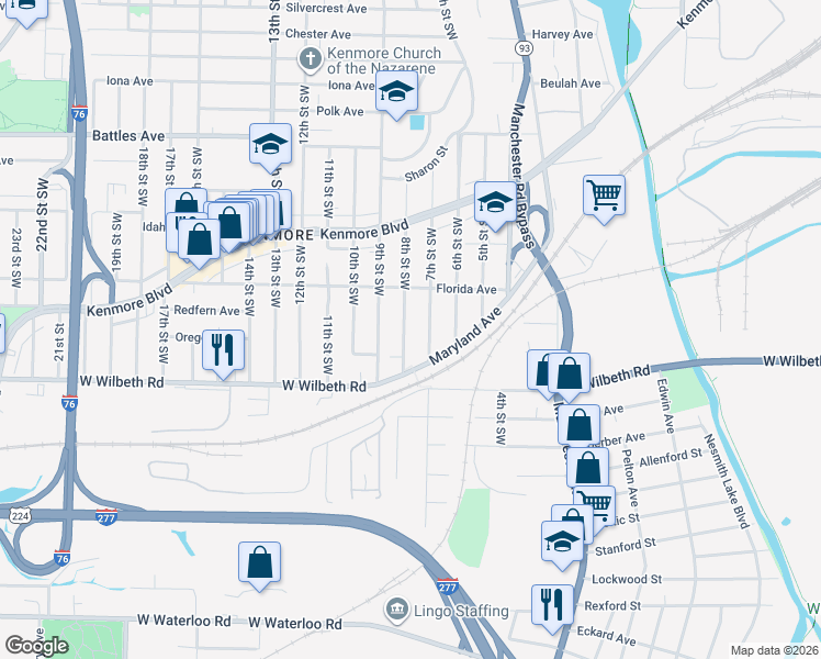 map of restaurants, bars, coffee shops, grocery stores, and more near 2275 8th Street Southwest in Akron
