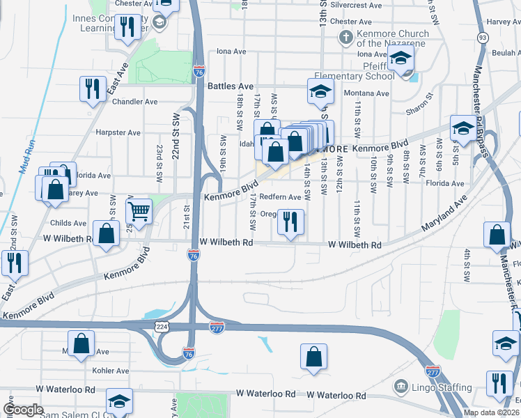 map of restaurants, bars, coffee shops, grocery stores, and more near 936 Redfern Avenue in Akron