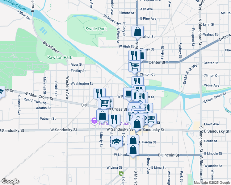 map of restaurants, bars, coffee shops, grocery stores, and more near 227 Washington Street in Findlay