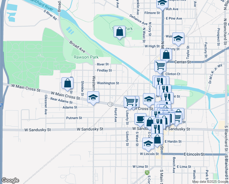 map of restaurants, bars, coffee shops, grocery stores, and more near 431 Washington Street in Findlay